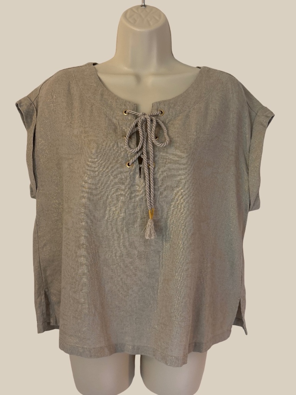 Sigrid Olsen Linen Blend Lace Up Blouse Boxy Neutral Taupe Gold Capped Sleeve M